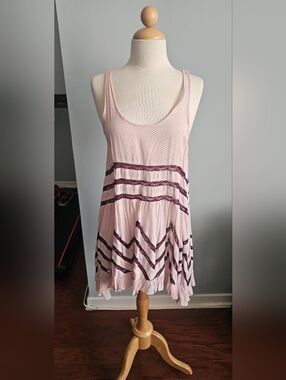 Free People Pale Pink Slip Dress with Plum Lace Trim